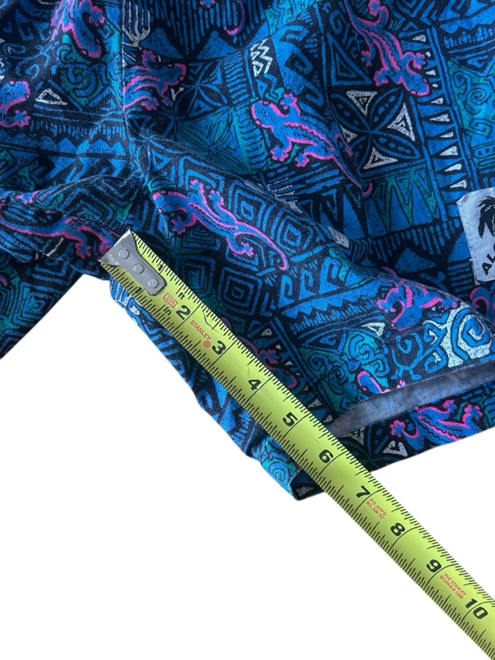 VTG 90'S BLACK BLUE ALOHA HAWAIIAN BAGGY SHORTS GRAPHIC TIKI GECKO PRINT Small - Picture 6 of 7